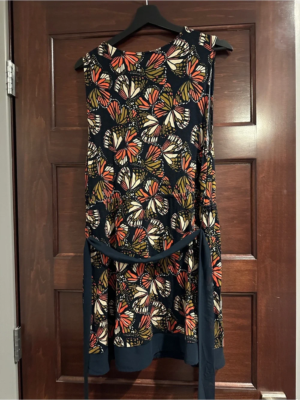Modcloth Navy Sleeveless Tunic with Orange, Cream, and Olive Butterfly Print - Picture 5 of 6